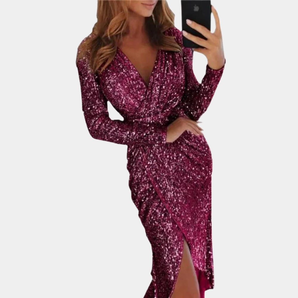 Valerie | Long-Sleeve Wrap Sequin Dress with Slit for Women - glamorous dress with sparkling sequins, long sleeves and a chic slit, ideal for enhancing your figure at parties and special events.