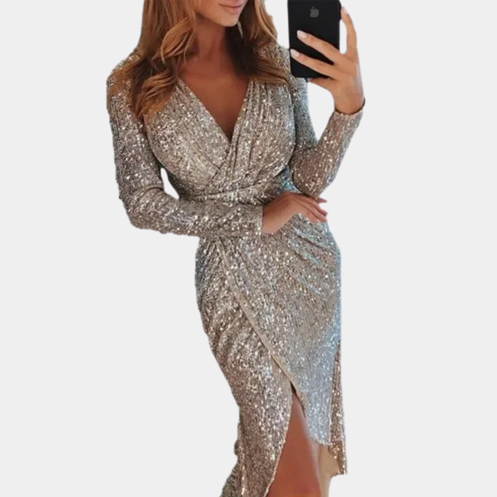 Valerie | Long-Sleeve Wrap Sequin Dress with Slit for Women - glamorous dress with sparkling sequins, long sleeves and a chic slit, ideal for enhancing your figure at parties and special events.