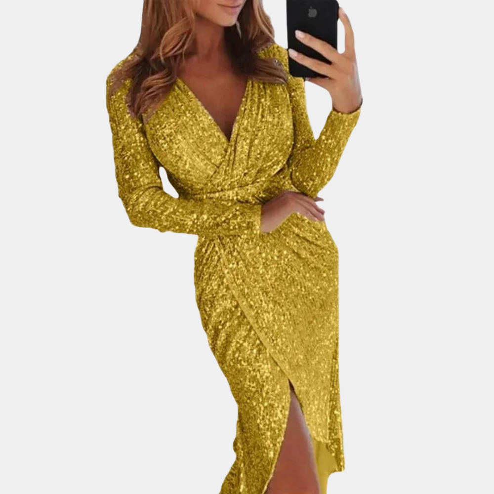 Valerie | Long-Sleeve Wrap Sequin Dress with Slit for Women - glamorous dress with sparkling sequins, long sleeves and a chic slit, ideal for enhancing your figure at parties and special events.