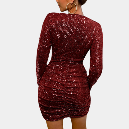 Amelia | Long-Sleeve Sequin Wrap Dress for Women - a glamorous dress with sparkling sequins, long sleeves and an elegant drape, perfect for enhancing your silhouette at parties and special occasions.