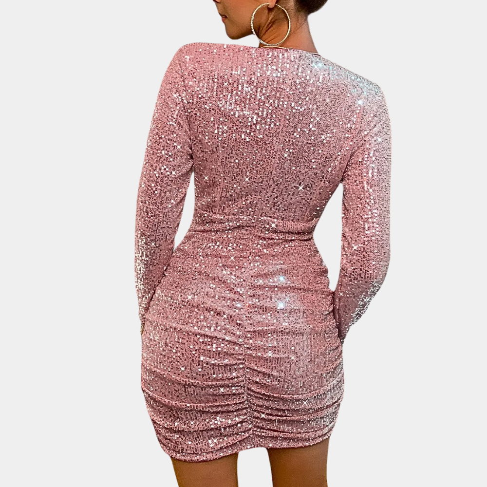 Amelia | Long-Sleeve Sequin Wrap Dress for Women - a glamorous dress with sparkling sequins, long sleeves and an elegant drape, perfect for enhancing your silhouette at parties and special occasions.