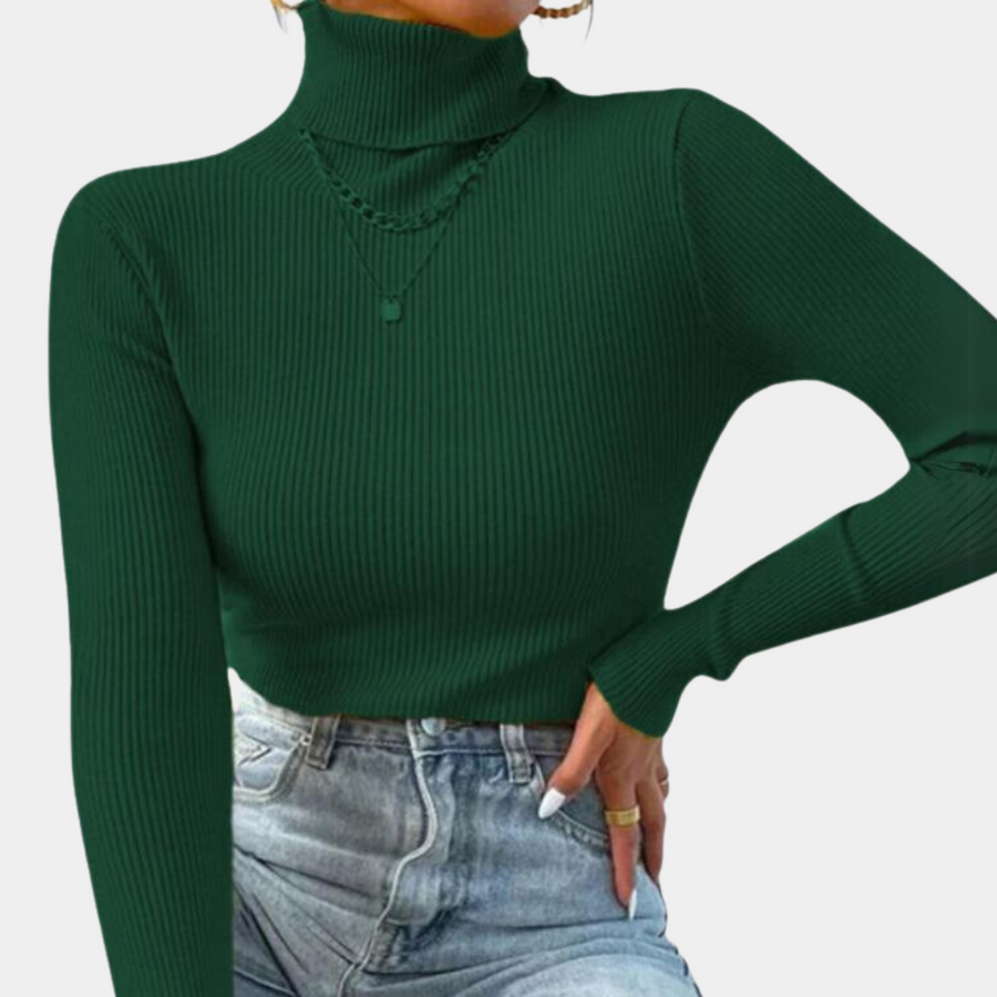 Model wearing the Sophia Women's Ribbed Turtleneck Top, showcasing its sleek, slim-fit design and high turtleneck style, paired with casual jeans.