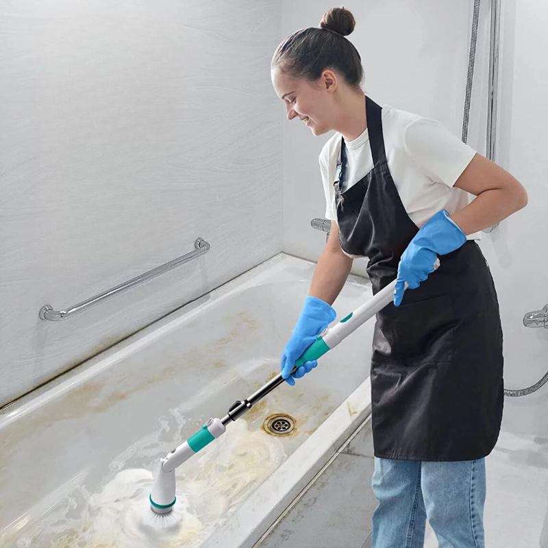 A versatile cleaning tool with a round scrubber head designed for efficient and thorough cleaning on various surfaces, shown in use on a shiny floor.