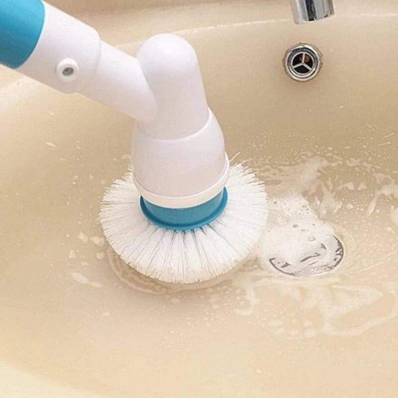 A versatile cleaning tool with a round scrubber head designed for efficient and thorough cleaning on various surfaces, shown in use on a shiny floor.