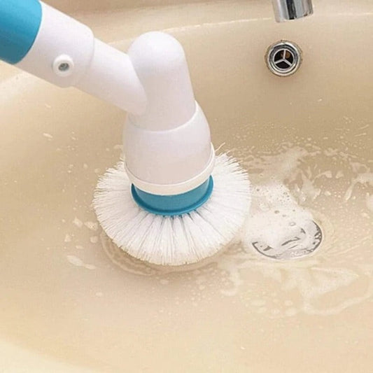 A versatile cleaning tool with a round scrubber head designed for efficient and thorough cleaning on various surfaces, shown in use on a shiny floor.