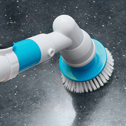 A versatile cleaning tool with a round scrubber head designed for efficient and thorough cleaning on various surfaces, shown in use on a shiny floor.