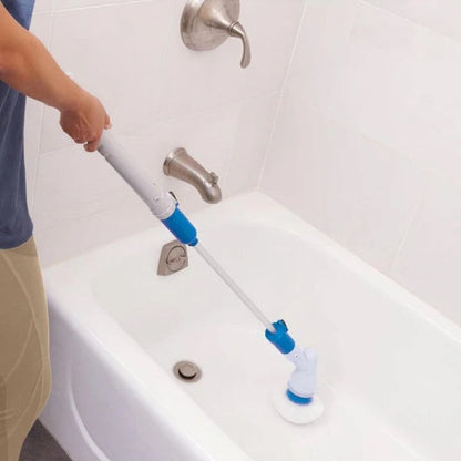 A versatile cleaning tool with a round scrubber head designed for efficient and thorough cleaning on various surfaces, shown in use on a shiny floor.