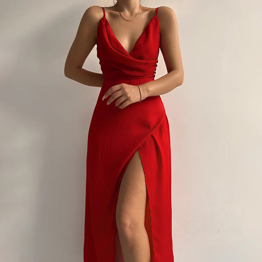 Woman wearing the Eva Women's Sleek Wrap Dress, featuring a high slit and elegant wrap design, perfect for evening events and formal occasions.