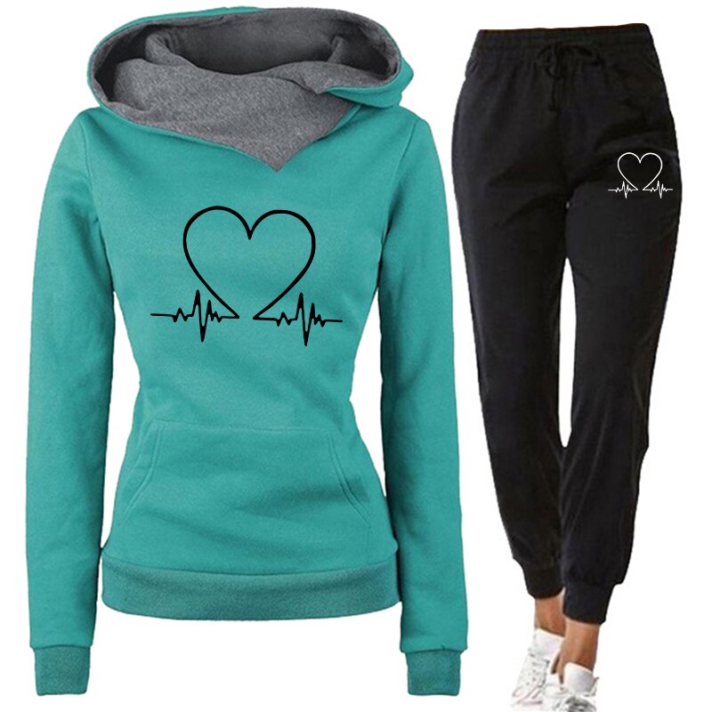 Women's comfortable tracksuit featuring a stylish design with a heart and heartbeat graphic, perfect for casual wear, workouts, or lounging.