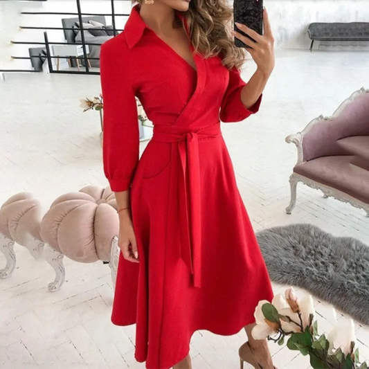 Woman wearing the elegant Lila | Belted Long-Sleeve Wrap Dress for Women, with waist belt for a flattering fit. The dress features a flowing cut and modern design, ideal for a chic, comfortable look for events or everyday wear.