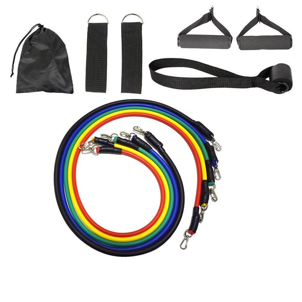 Resistance bands set with handles, ankle straps, and a travel bag, designed for versatile full-body workouts and strength training at home or on the go.