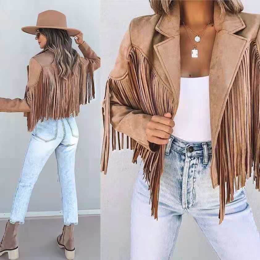 Woman wearing the Brooke | Stylish Fringe Detailed Jacket, styled with distressed jeans, ankle boots, and a casual top, showcasing the jacket’s fringe detail and trendy look perfect for casual and chic outfits.