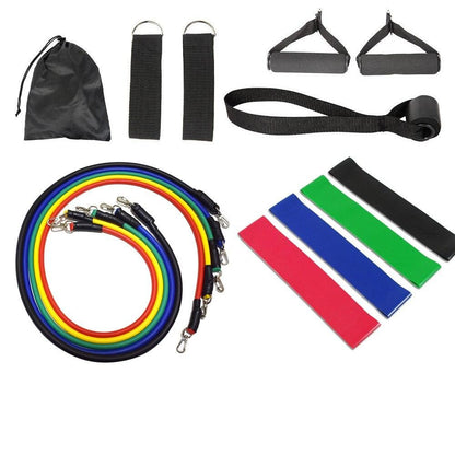 Resistance bands set with handles, ankle straps, and a travel bag, designed for versatile full-body workouts and strength training at home or on the go.