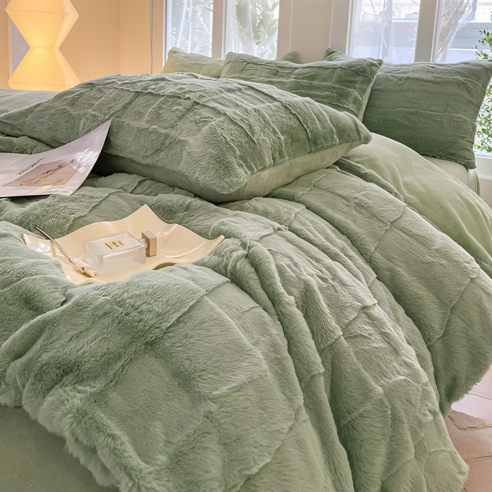 Luxurious bedding set showcasing ultra-soft textures, plush pillows, and a cozy blanket arranged on a neatly made bed in a stylish bedroom setting.