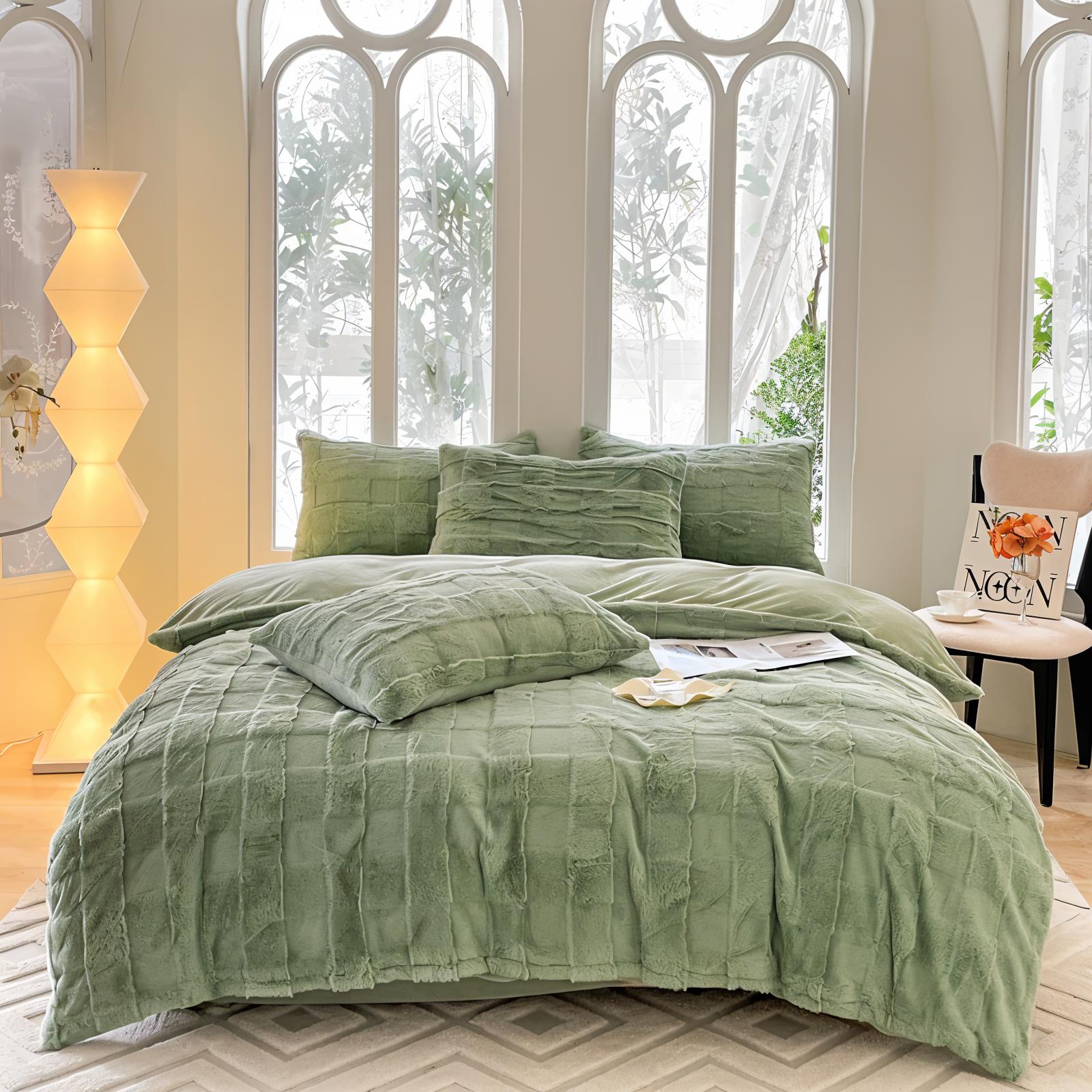 Luxurious bedding set showcasing ultra-soft textures, plush pillows, and a cozy blanket arranged on a neatly made bed in a stylish bedroom setting.