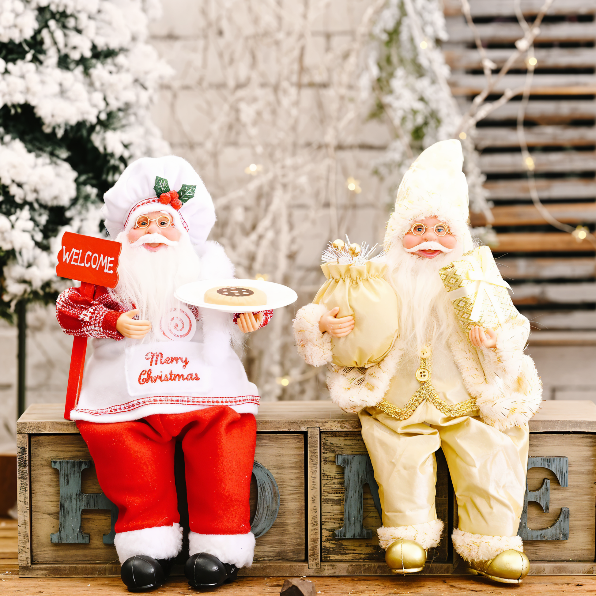 Santa figurine holding a gift sack and teddy bear, featuring festive details and a cheerful design, perfect for holiday decor or as a charming centerpiece.