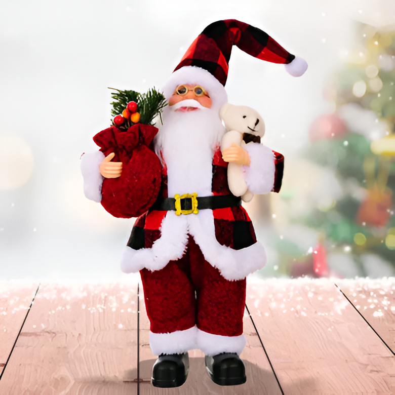 Santa figurine holding a gift sack and teddy bear, featuring festive details and a cheerful design, perfect for holiday decor or as a charming centerpiece.