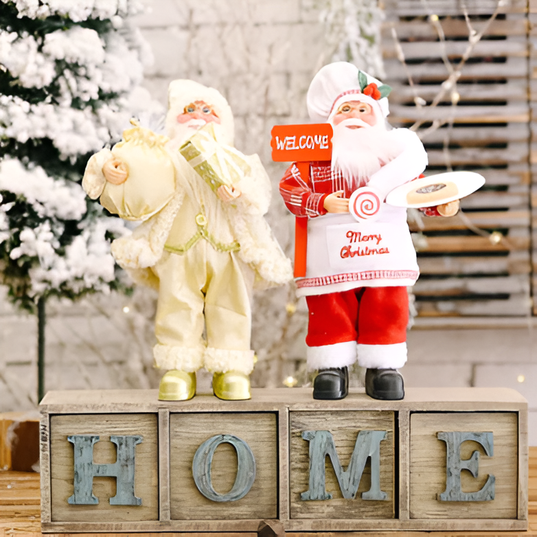 Santa figurine holding a gift sack and teddy bear, featuring festive details and a cheerful design, perfect for holiday decor or as a charming centerpiece.