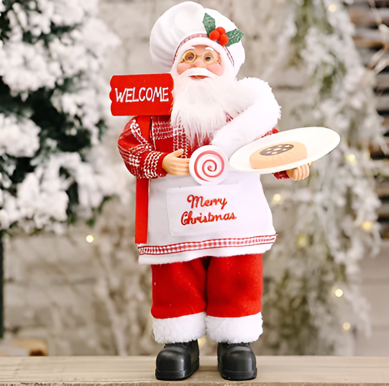 Festive Santa figurine holding a gift sack and a teddy bear, designed to add charm and holiday spirit to your seasonal decorations.