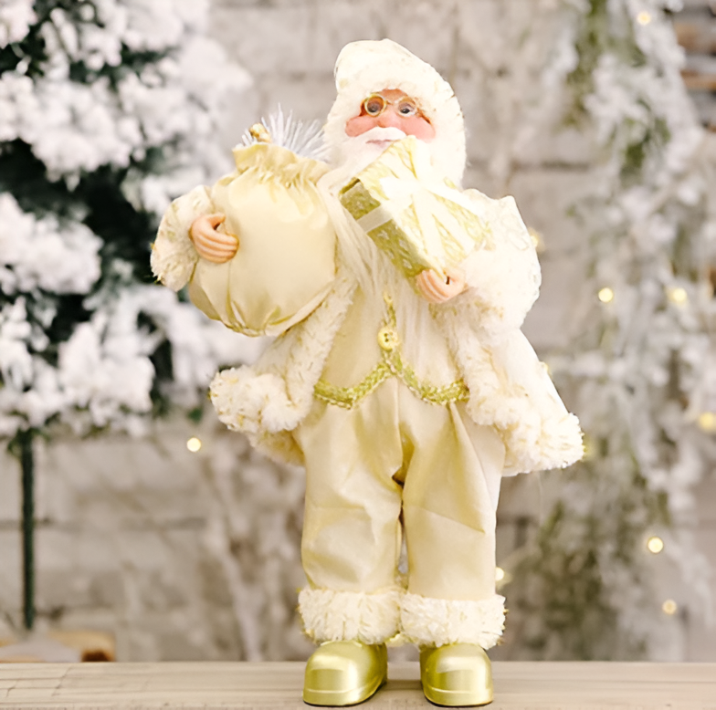 Santa figurine holding a gift sack and teddy bear, featuring festive details and a cheerful design, perfect for holiday decor or as a charming centerpiece.