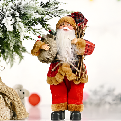 Festive Santa figurine holding a gift sack and a teddy bear, designed to add charm and holiday spirit to your seasonal decorations.