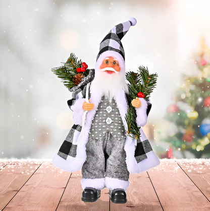 Festive Santa figurine holding a gift sack and a teddy bear, designed to add charm and holiday spirit to your seasonal decorations.