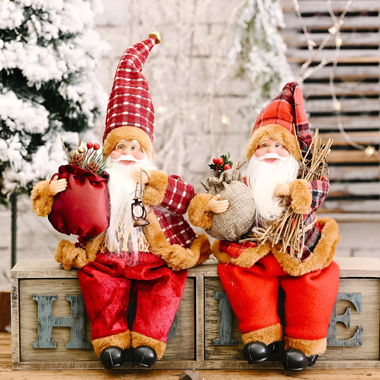 Santa figurine holding a gift sack and teddy bear, featuring festive details and a cheerful design, perfect for holiday decor or as a charming centerpiece.