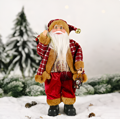 Santa figurine holding a gift sack and teddy bear, featuring festive details and a cheerful design, perfect for holiday decor or as a charming centerpiece.