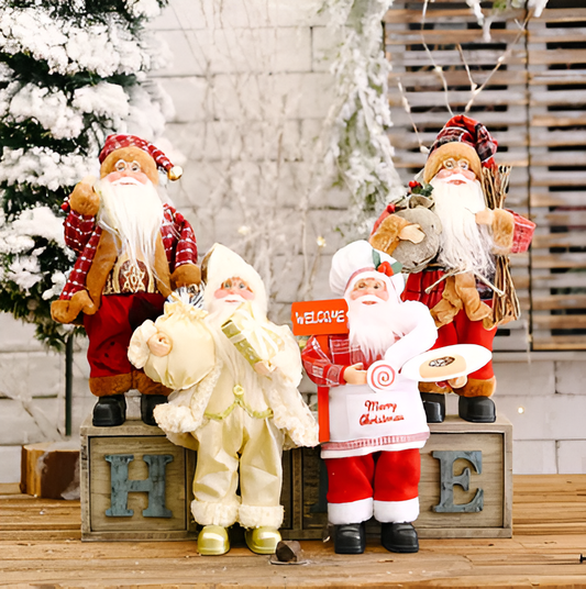 Santa figurine holding a gift sack and teddy bear, featuring festive details and a cheerful design, perfect for holiday decor or as a charming centerpiece.