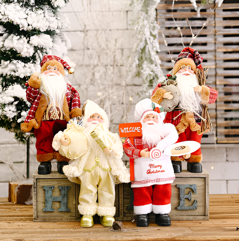 Festive Santa figurine holding a gift sack and a teddy bear, designed to add charm and holiday spirit to your seasonal decorations.