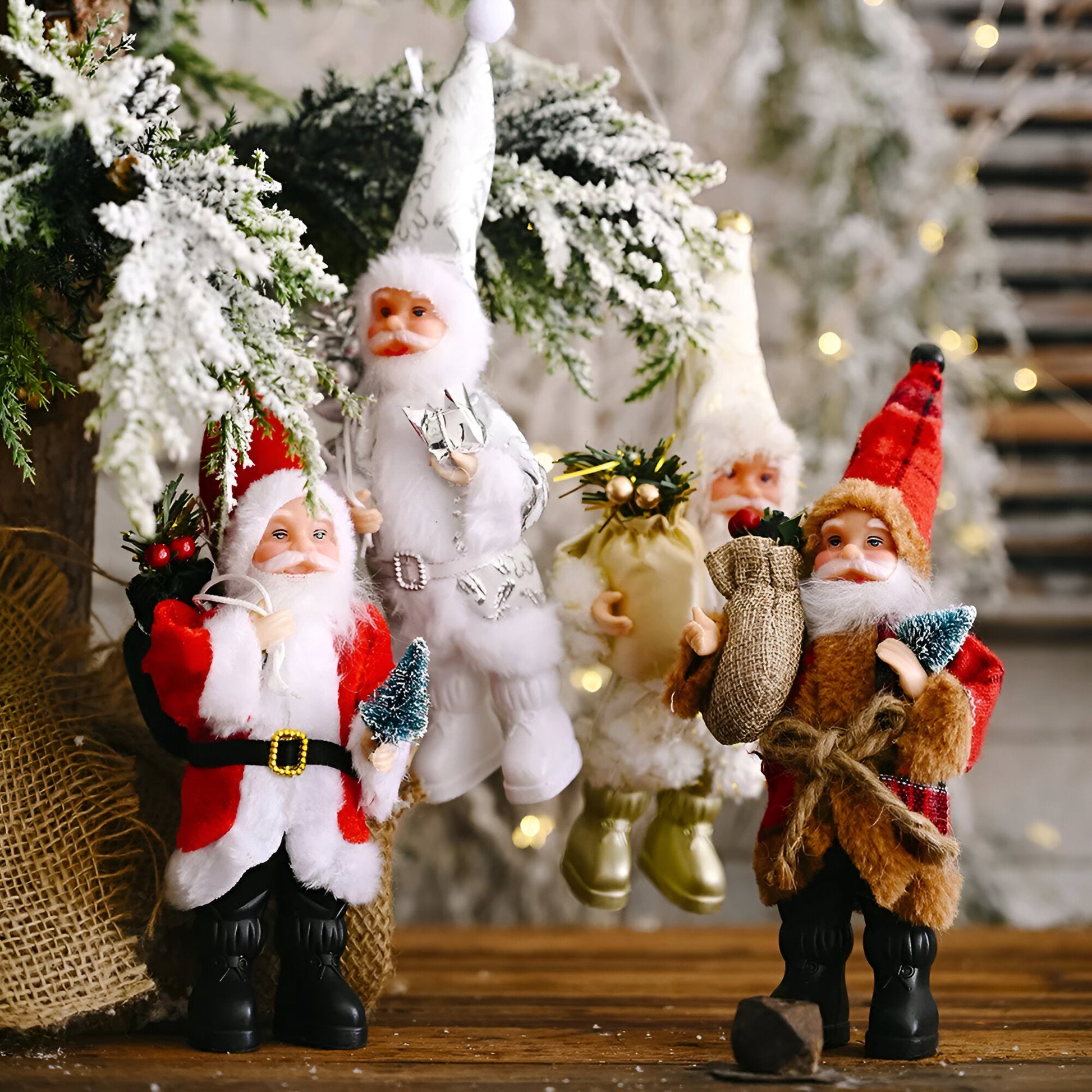 Festive Santa figurine holding a gift sack and a teddy bear, designed to add charm and holiday spirit to your seasonal decorations.