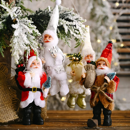 Santa figurine holding a gift sack and teddy bear, featuring festive details and a cheerful design, perfect for holiday decor or as a charming centerpiece.