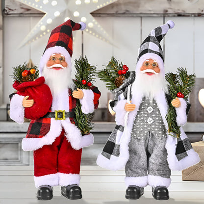 Festive Santa figurine holding a gift sack and a teddy bear, designed to add charm and holiday spirit to your seasonal decorations.