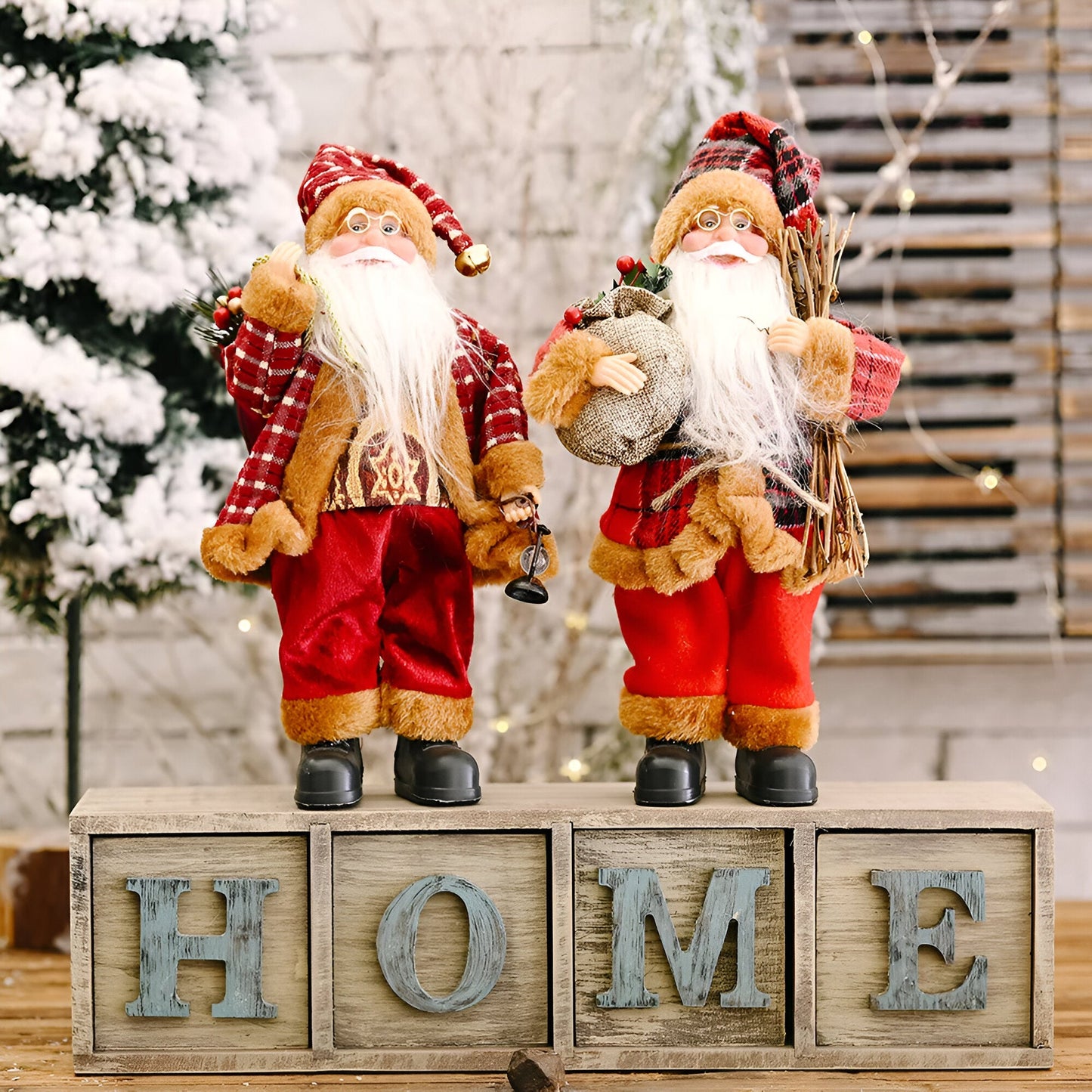 Santa figurine holding a gift sack and teddy bear, featuring festive details and a cheerful design, perfect for holiday decor or as a charming centerpiece.