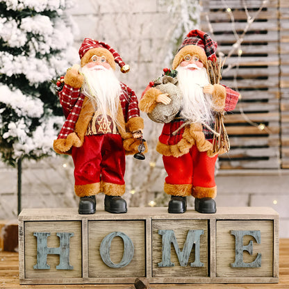 Festive Santa figurine holding a gift sack and a teddy bear, designed to add charm and holiday spirit to your seasonal decorations.