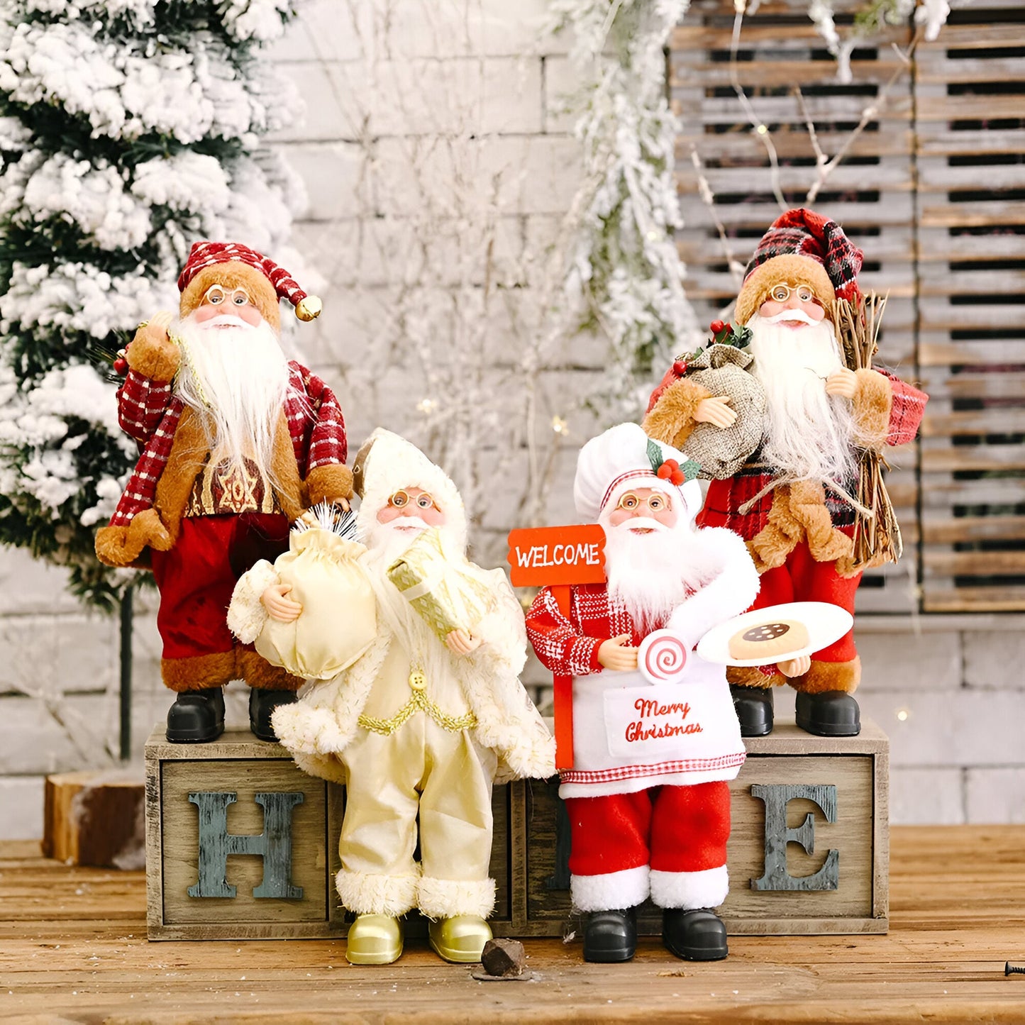 Festive Santa figurine holding a gift sack and a teddy bear, designed to add charm and holiday spirit to your seasonal decorations.