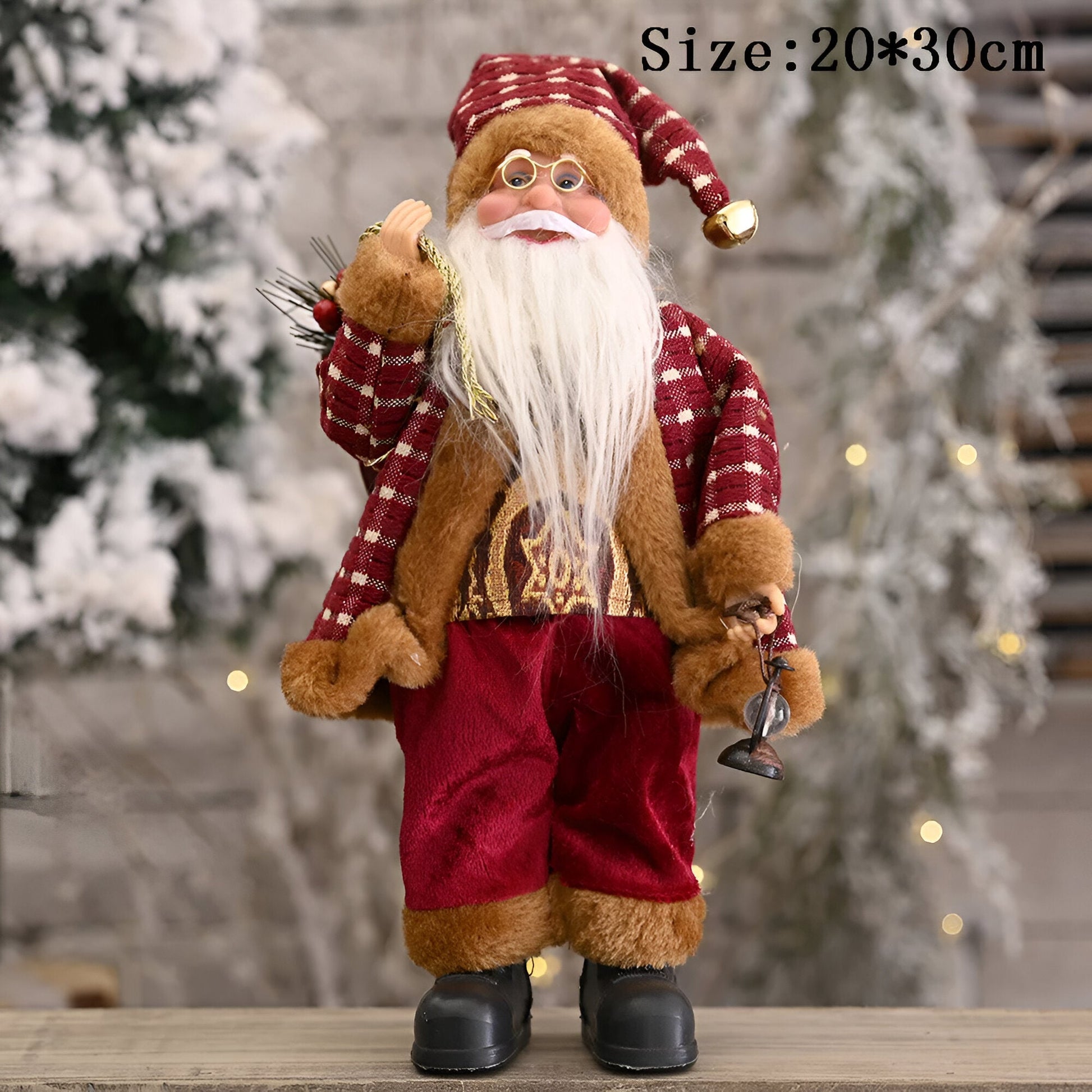 Santa figurine holding a gift sack and teddy bear, featuring festive details and a cheerful design, perfect for holiday decor or as a charming centerpiece.