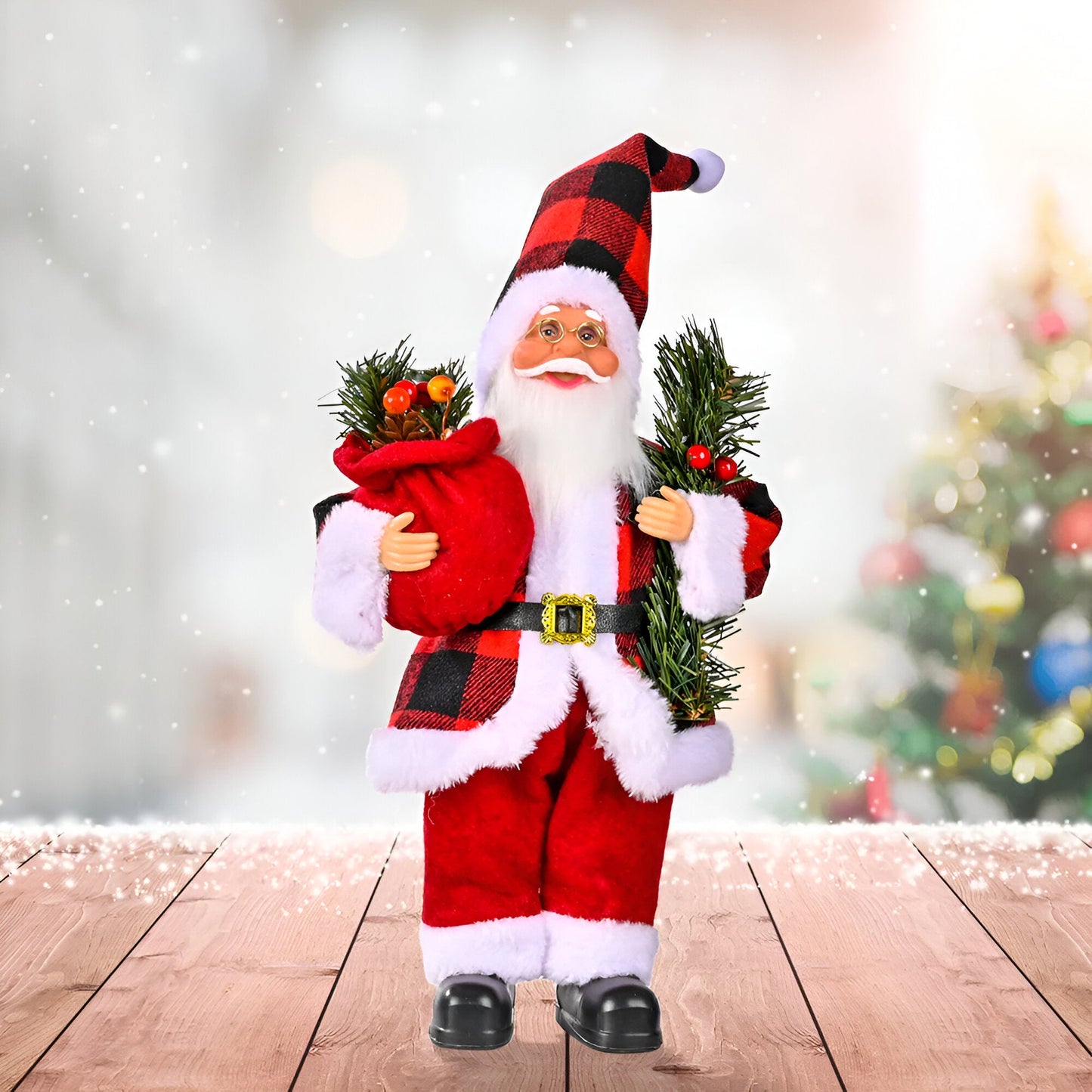 Festive Santa figurine holding a gift sack and a teddy bear, designed to add charm and holiday spirit to your seasonal decorations.