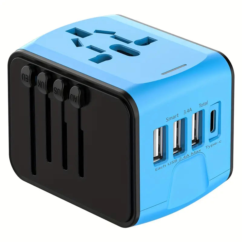 Universal travel adapter with multiple plug options and USB ports for charging devices. Compact, lightweight, and compatible with outlets in over 150 countries. Perfect for keeping devices powered during international travel or business trips.