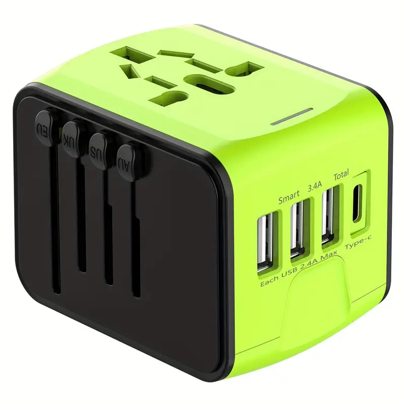 Universal travel adapter with multiple plug options and USB ports for charging devices. Compact, lightweight, and compatible with outlets in over 150 countries. Perfect for keeping devices powered during international travel or business trips.