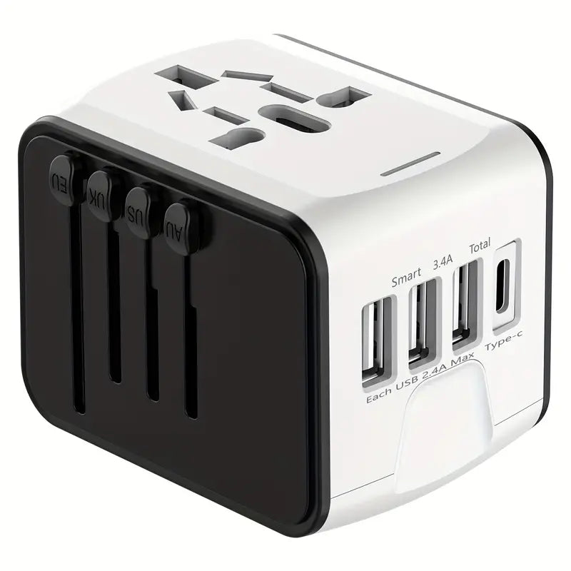 Universal travel adapter with multiple plug options and USB ports for charging devices. Compact, lightweight, and compatible with outlets in over 150 countries. Perfect for keeping devices powered during international travel or business trips.