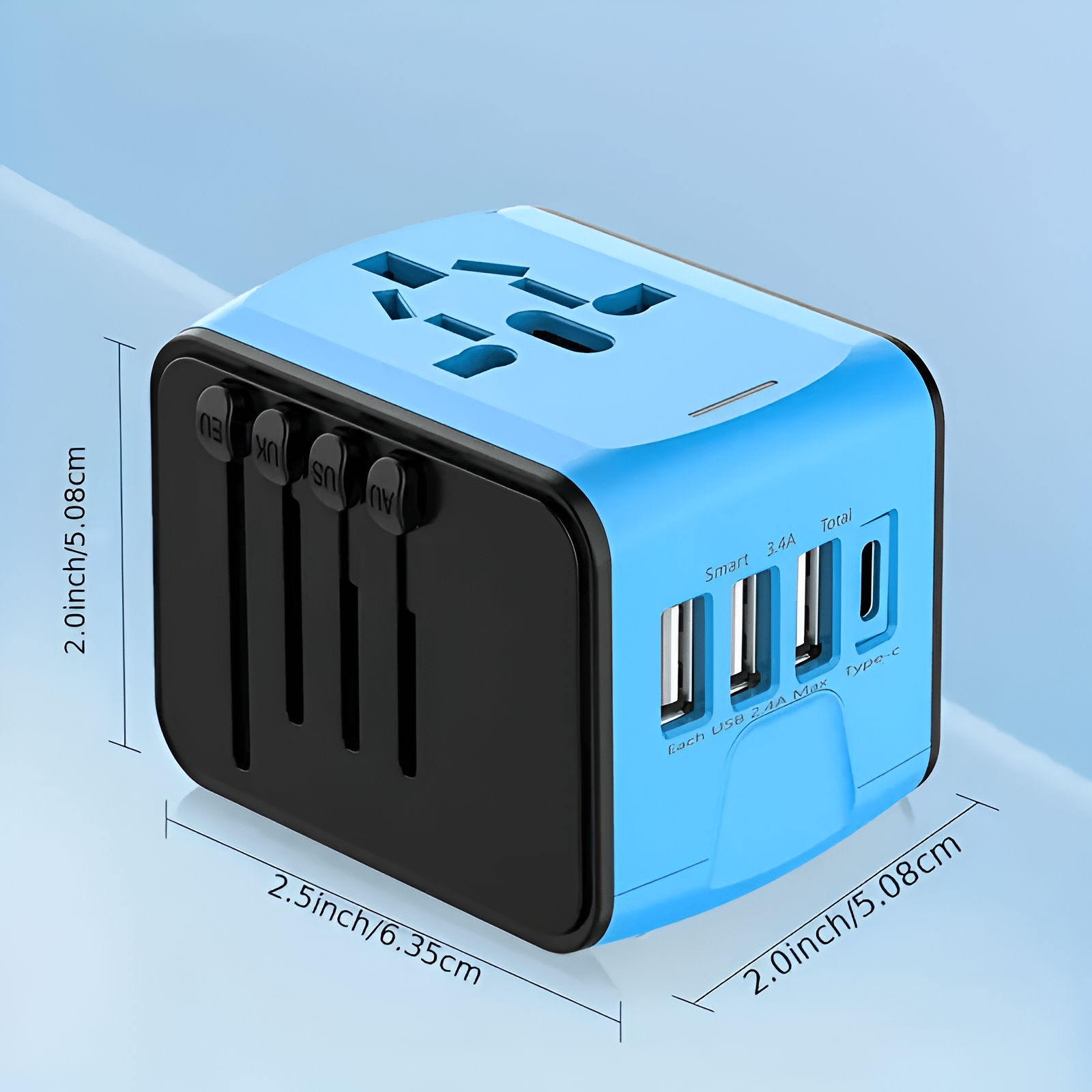 Universal travel adapter with multiple plug options and USB ports for charging devices. Compact, lightweight, and compatible with outlets in over 150 countries. Perfect for keeping devices powered during international travel or business trips.