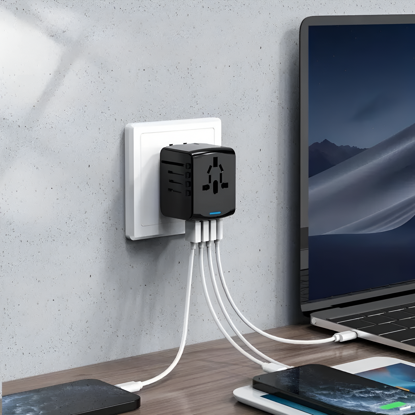 Universal travel adapter with multiple plug options and USB ports for charging devices. Compact, lightweight, and compatible with outlets in over 150 countries. Perfect for keeping devices powered during international travel or business trips.