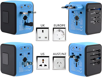 Universal travel adapter with multiple plug options and USB ports for charging devices. Compact, lightweight, and compatible with outlets in over 150 countries. Perfect for keeping devices powered during international travel or business trips.