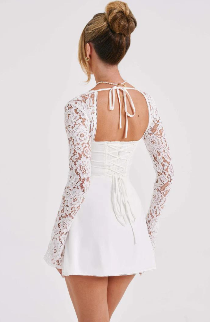 Model wearing the Lily Women's Lace Sleeve Dress, an elegant mini dress with intricate lace sleeves and a flattering fitted bodice, perfect for special occasions.