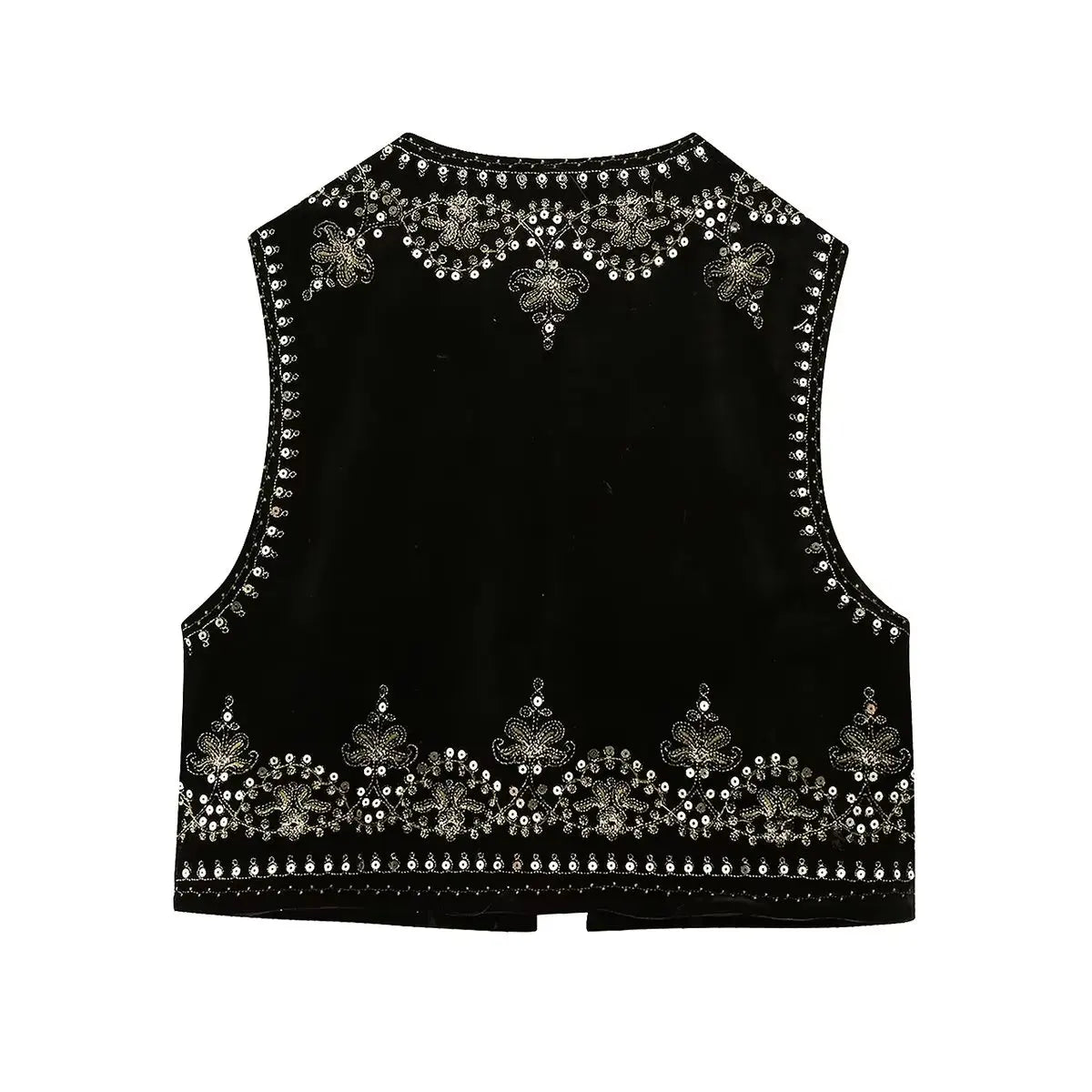 Sleeveless women's vest featuring intricate embellishments and bohemian-inspired detailing, adding a touch of elegance and unique style to any outfit.