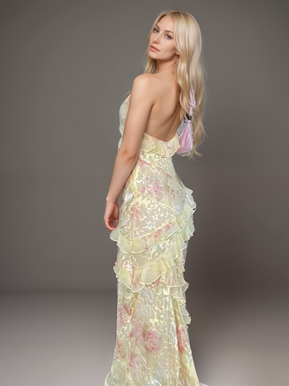 A model showcasing the Lila | Women's Flowing Ruffled Dress | Elegant Maxi Dress, featuring a delicate ruffled design and a flattering maxi-length fit, perfect for formal occasions or a romantic evening.