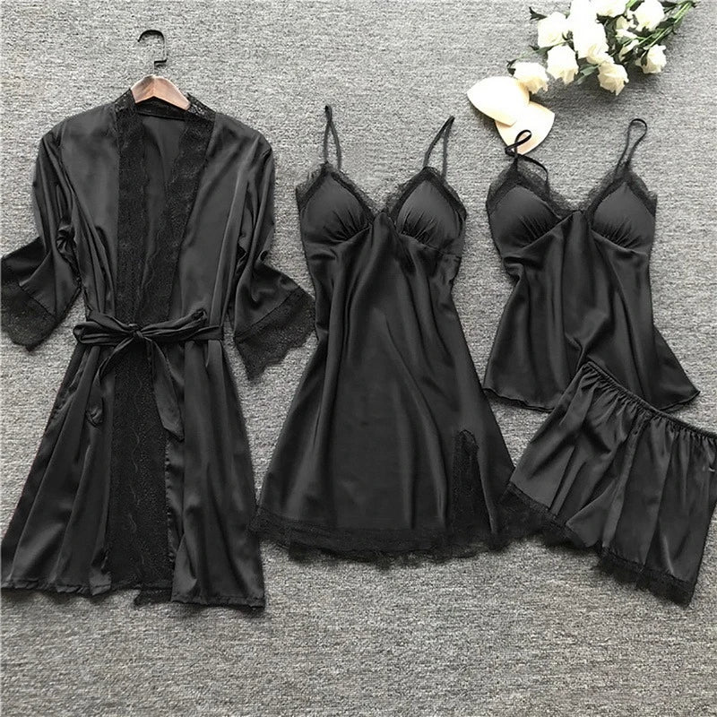 A luxurious 5-piece satin lingerie set featuring a robe, slip dress, camisole, shorts, and nightgown. Each piece is designed with delicate lace detailing and adjustable straps, offering both comfort and elegance for nighttime wear. Perfect for lounging or special occasions.