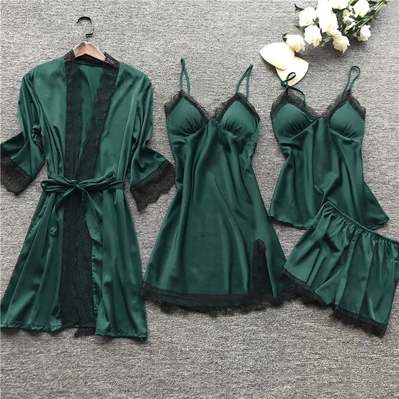 A luxurious 5-piece satin lingerie set featuring a robe, slip dress, camisole, shorts, and nightgown. Each piece is designed with delicate lace detailing and adjustable straps, offering both comfort and elegance for nighttime wear. Perfect for lounging or special occasions.