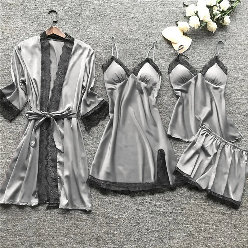 A luxurious 5-piece satin lingerie set featuring a robe, slip dress, camisole, shorts, and nightgown. Each piece is designed with delicate lace detailing and adjustable straps, offering both comfort and elegance for nighttime wear. Perfect for lounging or special occasions.